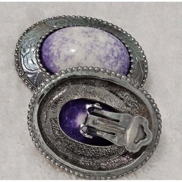 Vintage Clip-on Earrings Silver Tone Purple & White Crackle Oval Stone 1980s - Picture 2 of 3